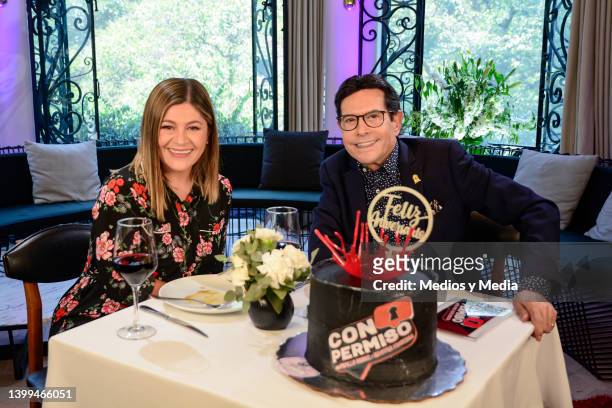 Tv Host Martha Figueroa and Juan José Origel poses for a photo during first anniversary celebration of the TV show "Con Permiso" on May 26, 2022 in...