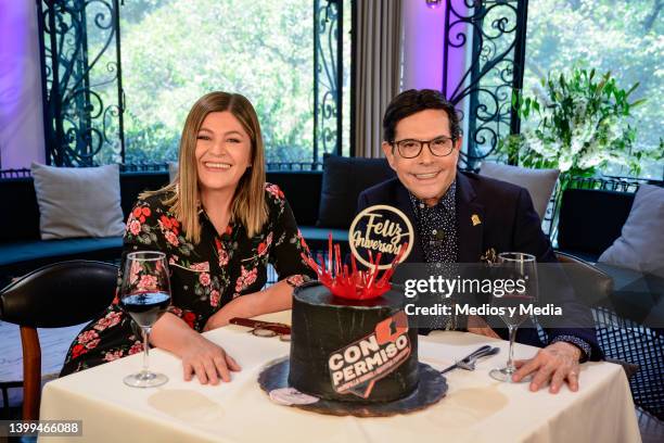 Tv Host Martha Figueroa and Juan José Origel poses for a photo during first anniversary celebration of the TV show "Con Permiso" on May 26, 2022 in...