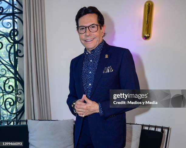 Tv Host Juan José Origel poses for a photo during first anniversary celebration of the TV show "Con Permiso" on May 26, 2022 in Mexico City, Mexico.