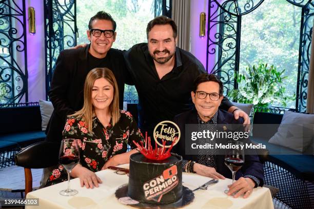 Martha Figueroa, Yordi Rosado, Manolo Fernandez and Juan Jose Origel poses for a photo during first anniversary celebration of the TV show "Con...