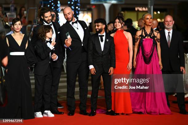 Lubna Azaabal, Amir El Arbi, Adil El Arbi, Bilal Fallah, Aboubakr Bensaihi, Tara Abboud and Bert Hamelinck attend the screening of "Rebel" during the...