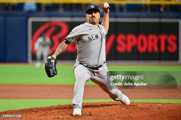 Nestor Cortes of the New York Yankees delivers a pitch against the Tampa Bay Rays in the third inning at Tropicana Field on May 26, 2022 in St...