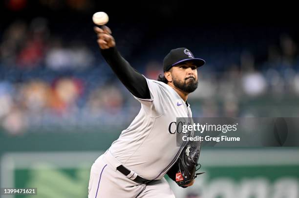 German Marquez of the Colorado Rockies pitches in the second inning against the Washington Nationals at Nationals Park on May 26, 2022 in Washington,...