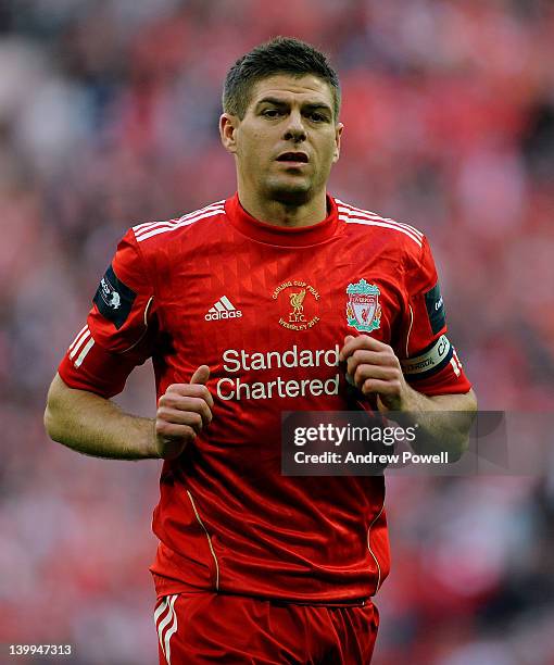 Liverpool captain Steven Gerrard in action during the Carling Cup Final match between Liverpool and Cardiff City at Wembley Stadium on February 26,...