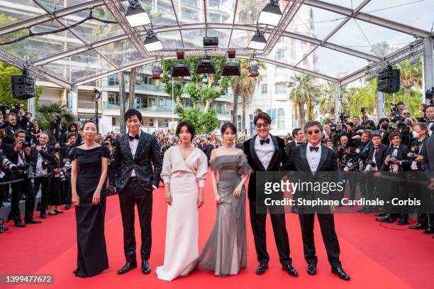 Bae Doona, Dong-won Gang, Joo-Young Lee, Ji-eun Lee and Song Kang-ho attend the screening of "Broker " during the 75th annual Cannes film festival at...