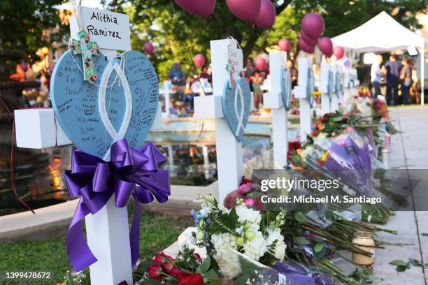 Memorials for victims of Tuesday's mass shooting at a Texas elementary school, in City of Uvalde Town Square on May 26, 2022 in Uvalde, Texas....