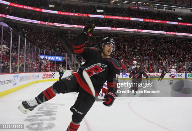 Teuvo Teravainen of the Carolina Hurricanes scores a second period powerplay goal against the New York Rangers in Game Five of the Second Round of...