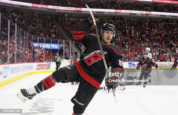 Teuvo Teravainen of the Carolina Hurricanes scores a second period powerplay goal against the New York Rangers in Game Five of the Second Round of...