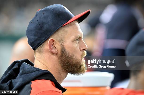 Stephen Strasburg of the Washington Nationals watches the game in the seventh inning against the Colorado Rockies at Nationals Park on May 26, 2022...