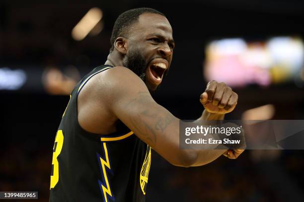 Draymond Green of the Golden State Warriors reacts after a call during the second quarter against the Dallas Mavericks in Game Five of the 2022 NBA...