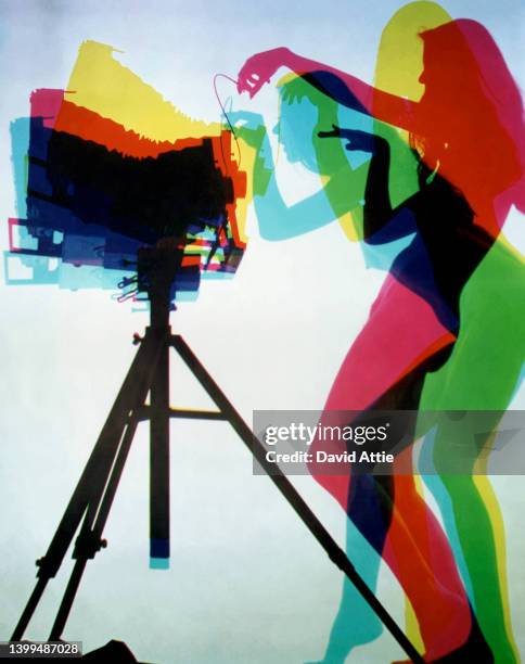Photo montage of an artistically-shot nude woman taking her own self-portrait, in 1975 in New York City, New York.