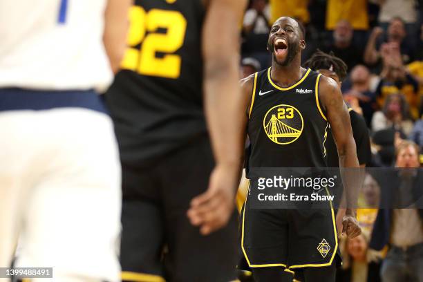 Draymond Green of the Golden State Warriors celebrates a basket during the third quarter against the Dallas Mavericks in Game Five of the 2022 NBA...