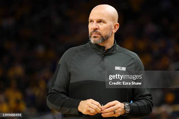 Head coach Jason Kidd of the Dallas Mavericks looks on during the third quarter against the Golden State Warriors in Game Five of the 2022 NBA...