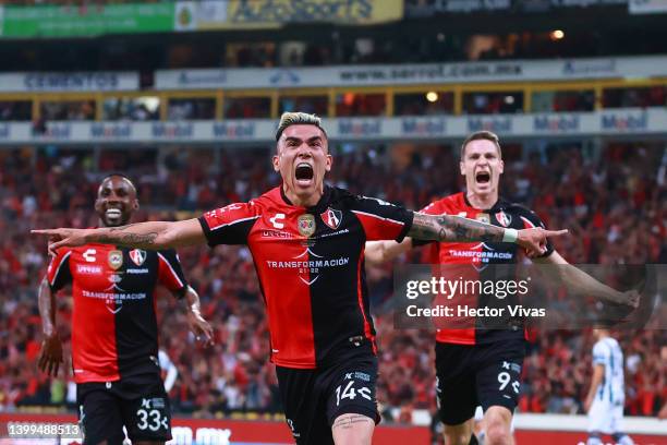 Luis Reyes of Atlas celebrates after scoring his team's first goal during the final first leg match between Atlas and Pachuca as part of the Torneo...