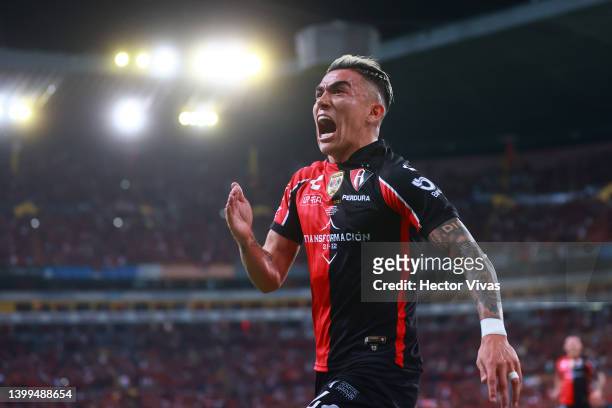 Luis Reyes of Atlas celebrates after scoring his team's first goal during the final first leg match between Atlas and Pachuca as part of the Torneo...