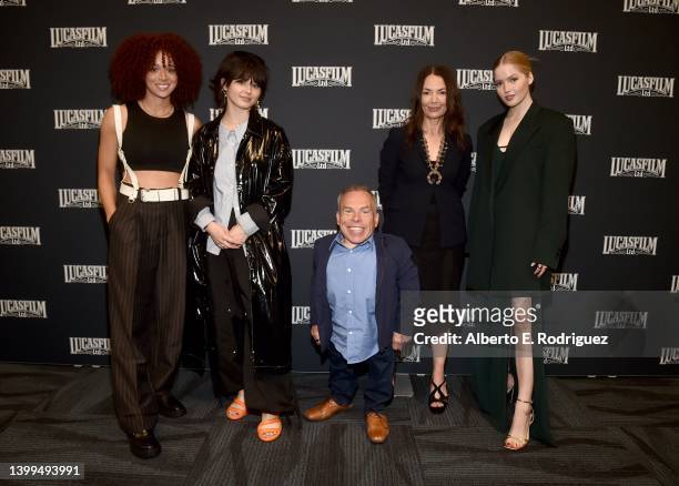 Erin Kellyman, Ruby Cruz, Warwick Davis, Joanne Whalley and Ellie Bamber attend the studio showcase panel at Star Wars Celebration for “Willow” in...