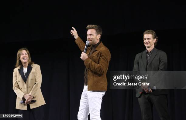 Kathleen Kennedy, President, Lucasfilm, Ewan McGregor, and Hayden Christensen attend the studio showcase panel at Star Wars Celebration for "Obi-Wan...