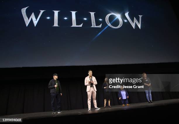 Ron Howard, Jon Kasdan, Joanne Whalley, Warwick Davis and Yvette Nicole Brown attend the studio showcase panel at Star Wars Celebration for “Willow”...