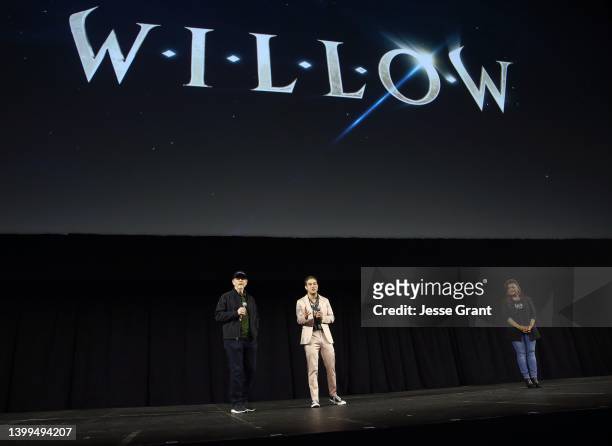 Ron Howard, Jon Kasdan, and Yvette Nicole Brown attend the studio showcase panel at Star Wars Celebration for “Willow” in Anaheim, California on May...