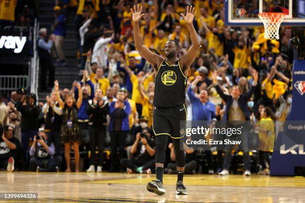 Draymond Green of the Golden State Warriors reacts to a play during the fourth quarter against the Dallas Mavericks in Game Five of the 2022 NBA...