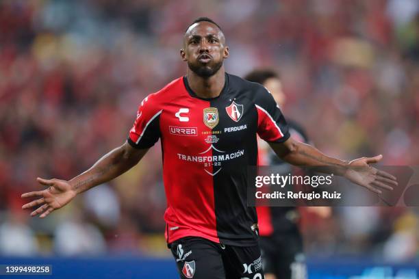 Julián Quiñones of Atlas celebrates after scoring his team's second goal during the final first leg match between Atlas and Pachuca as part of the...