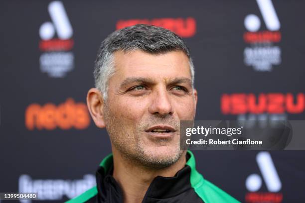 Western United coach John Aloisi speaks to the media during an A-League Grand Final media opportunity at AAMI Park on May 27, 2022 in Melbourne,...