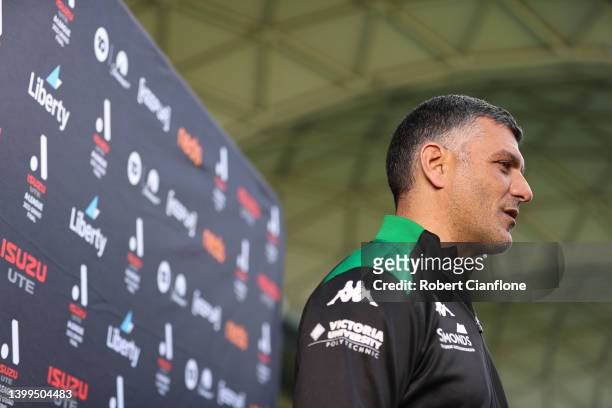 Western United coach John Aloisi speaks to the media during an A-League Grand Final media opportunity at AAMI Park on May 27, 2022 in Melbourne,...