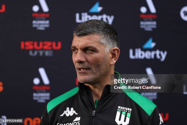 Western United coach John Aloisi speaks to the media during an A-League Grand Final media opportunity at AAMI Park on May 27, 2022 in Melbourne,...