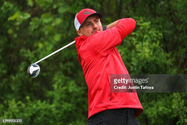 Nick Westrich of the Central Missouri Mules tees off during the Division II Men's Golf Championship held at TPC Michigan on May 18, 2022 in Dearborn,...