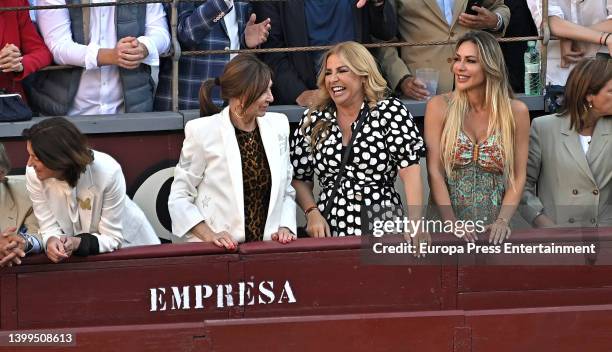 Ana Rosa Quintana and Cristina Tarrega enjoy bullfighting at the Plaza de las Ventas, on May 26 in Madrid, Spain.