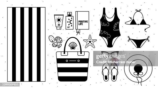 items that can be found in women's beach bags. - sunscreen hat stock illustrations