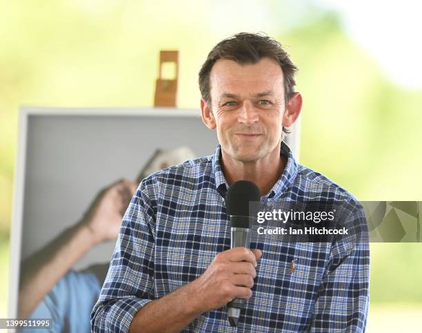 Former Australian cricketer Adam Gilchrist speaks during the public memorial service for Andrew Symonds at Riverway Stadium on May 27, 2022 in...
