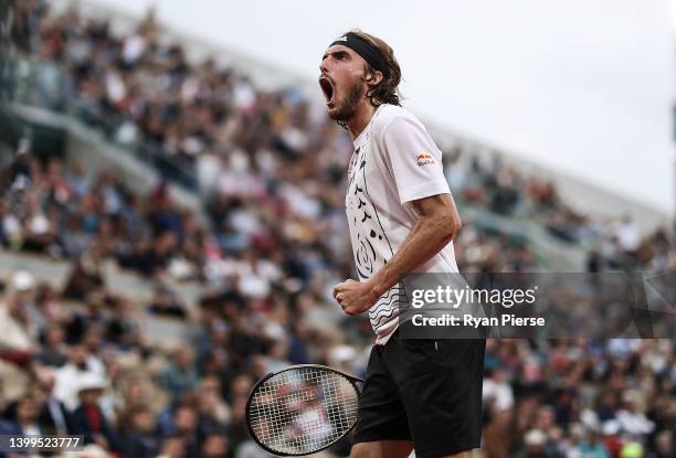 Stefanos Tsitsipas of Greece celebrates against Zdenek Kolar of Czech Republic during the Men's singles Second Round on Day Five of the 2022 French...