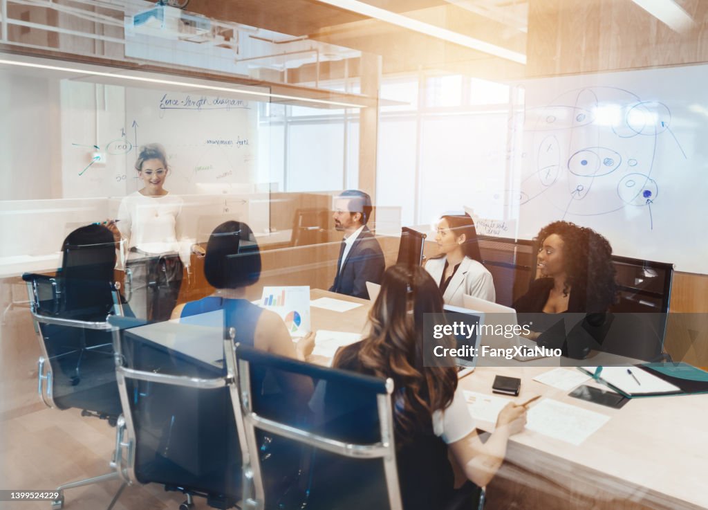 Caucasian young woman leads colleagues in a meeting discussion in a conference room in business office with diverse multicultural colleagues