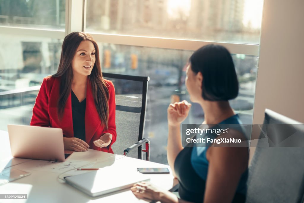 Two business women colleagues discussing project together in modern office