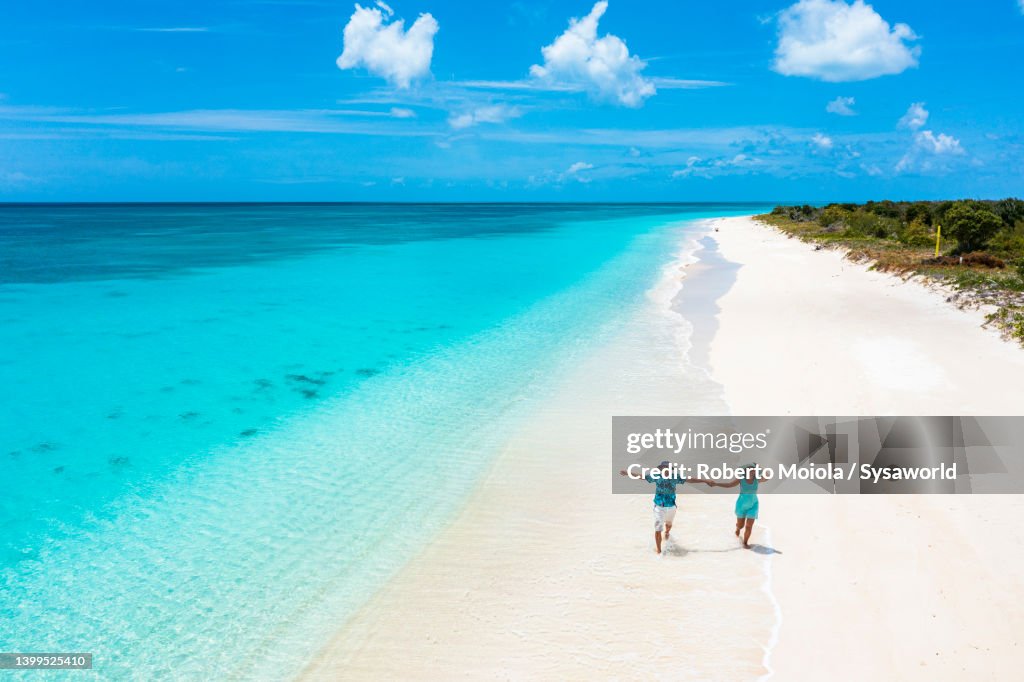 Happy man and woman holding hands while running on a beach