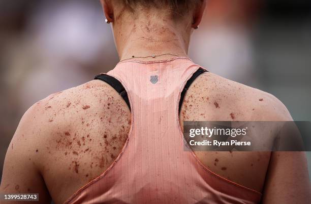 Clay is seen on the back of Alison Riske of USA against Iga Swiatek of Poland of France during the Women's singles Second Round on Day Five of the...