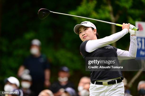 Sakura Koiwai of Japan hits her tee shot on the 10th hole during the second round of Resorttrust Ladies at Maple Point Golf Club on May 27, 2022 in...