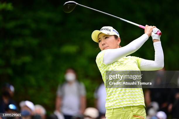 Chie Arimura of Japan hits her tee shot on the 10th hole during the second round of Resorttrust Ladies at Maple Point Golf Club on May 27, 2022 in...