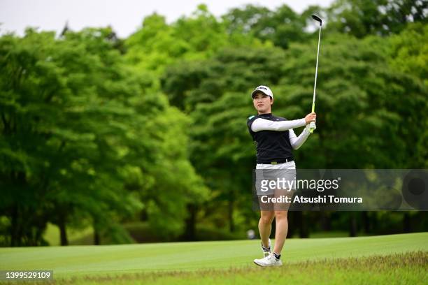 Sakura Koiwai of Japan hits her second shot on the 10th hole during the second round of Resorttrust Ladies at Maple Point Golf Club on May 27, 2022...