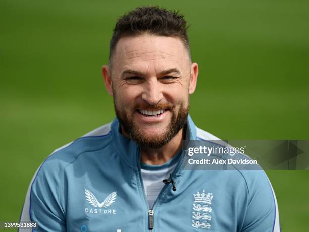 Brendon McCullum, England Men's Test team head coach talks at Lord's Cricket Ground on May 27, 2022 in London, England.