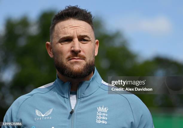 Brendon McCullum, England Men's Test team head coach talks at Lord's Cricket Ground on May 27, 2022 in London, England.