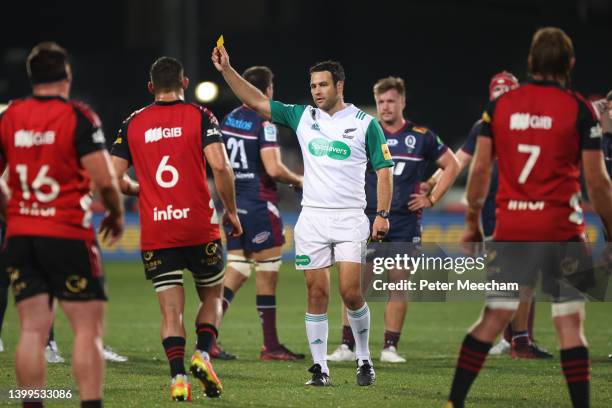 Pablo Matera from the Crusaders is given a yellow card by referee Ben O’Keeffe during the round 15 Super Rugby Pacific match between the Crusaders...