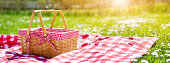 Picnic duvet with empty basket on the meadow in nature.