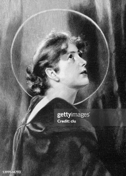 woman with a halo, portrait, side view - religious saint stock illustrations