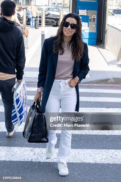 Actress Eva Longoria is seen departing the 75th annual Cannes film festival at Nice Airport on May 27, 2022 in Nice, France.