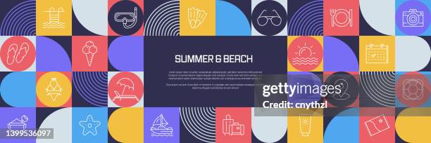 summer and beach related design with line icons. simple outline symbol icons. - sun hat stock illustrations