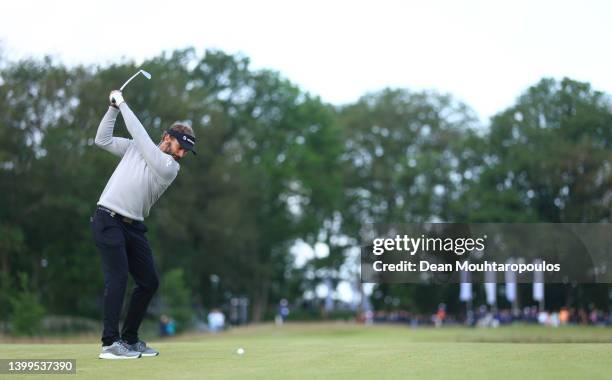 Joost Luiten of The Netherlands plays his second shot on the 16th hole during Day Two of the Dutch Open at Bernardus Golf on May 27, 2022 in...