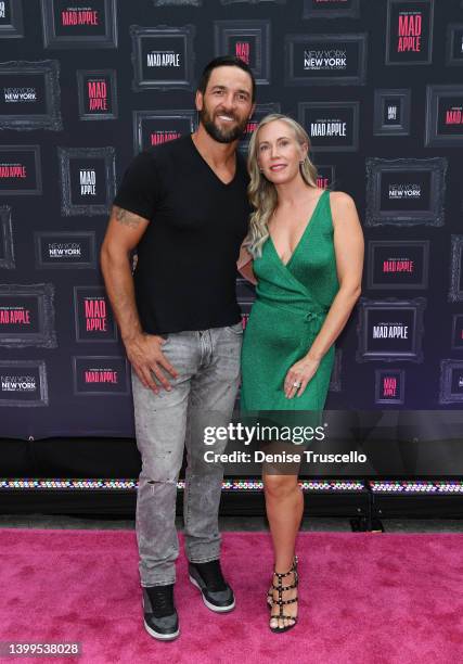 Vegas Golden Knights special assistant to the owner Deryk Engelland and his wife Melissa Engelland arrive at the premiere of Mad Apple by Cirque du...