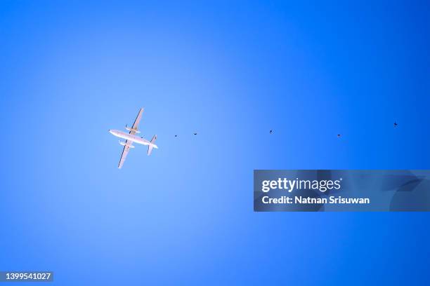 parachuters jumping from the plane - avião propulsor imagens e fotografias de stock